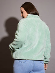 Women Green Faux Fur Contrast Piping Zipper Jacket-SFJCKT6996
