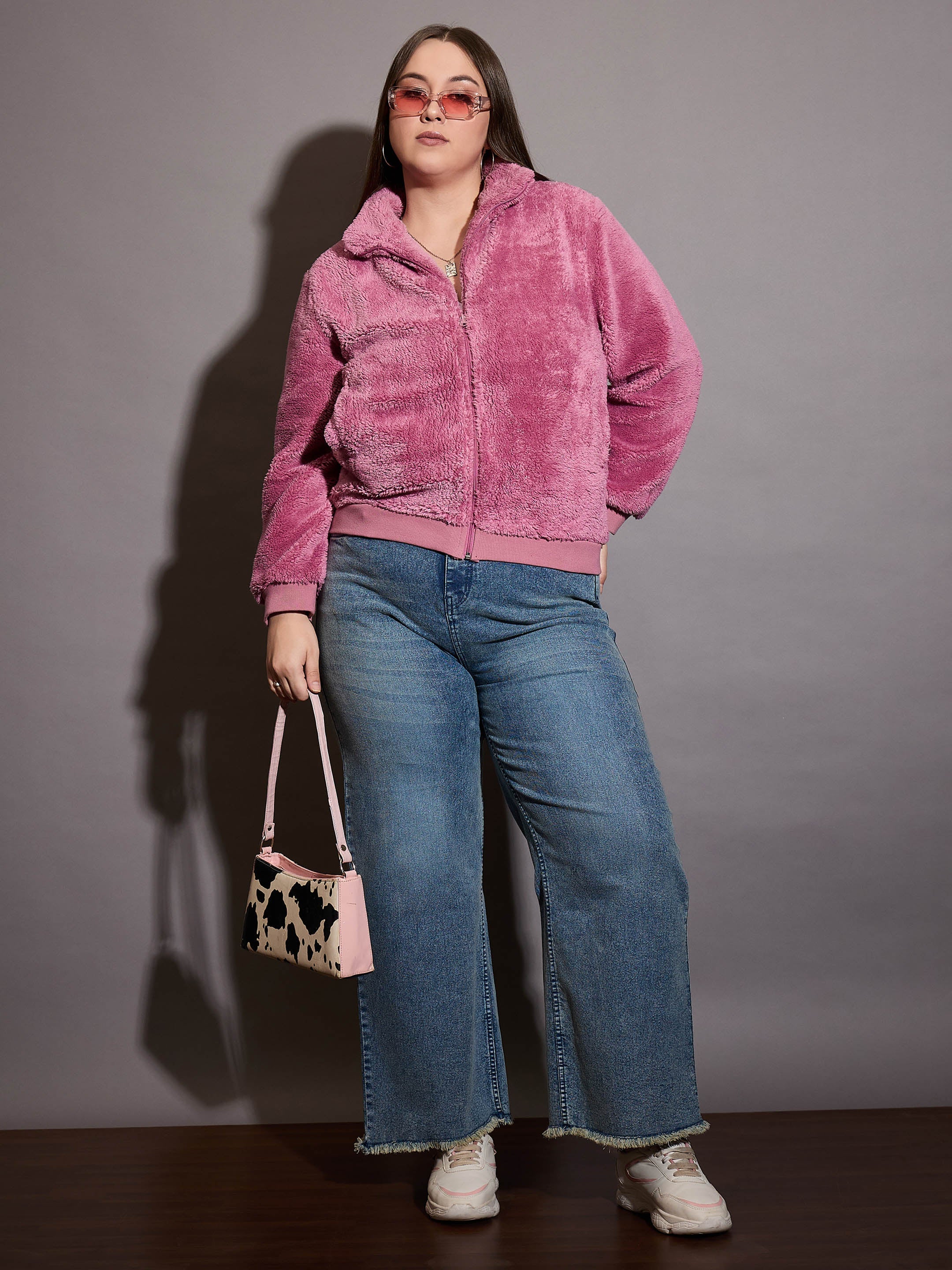 Women Pink Faux Fur Front Zipper Jacket-SFJCKT6997