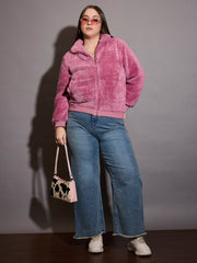Women Pink Faux Fur Front Zipper Jacket-SFJCKT6997