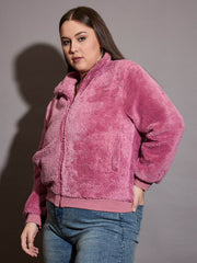 Women Pink Faux Fur Front Zipper Jacket-SFJCKT6997