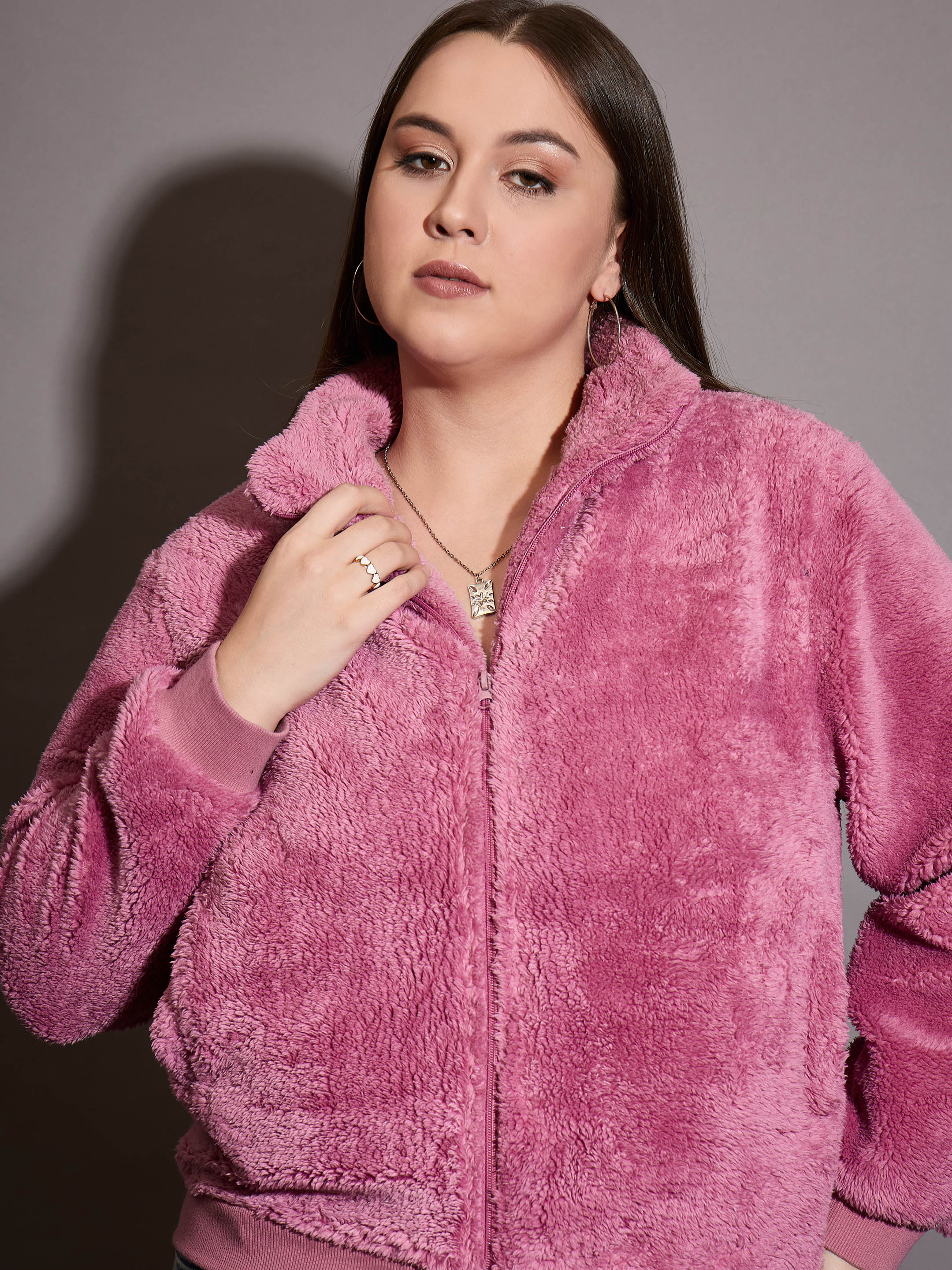 Women Pink Faux Fur Front Zipper Jacket-SFJCKT6997