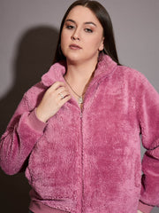 Women Pink Faux Fur Front Zipper Jacket-SFJCKT6997