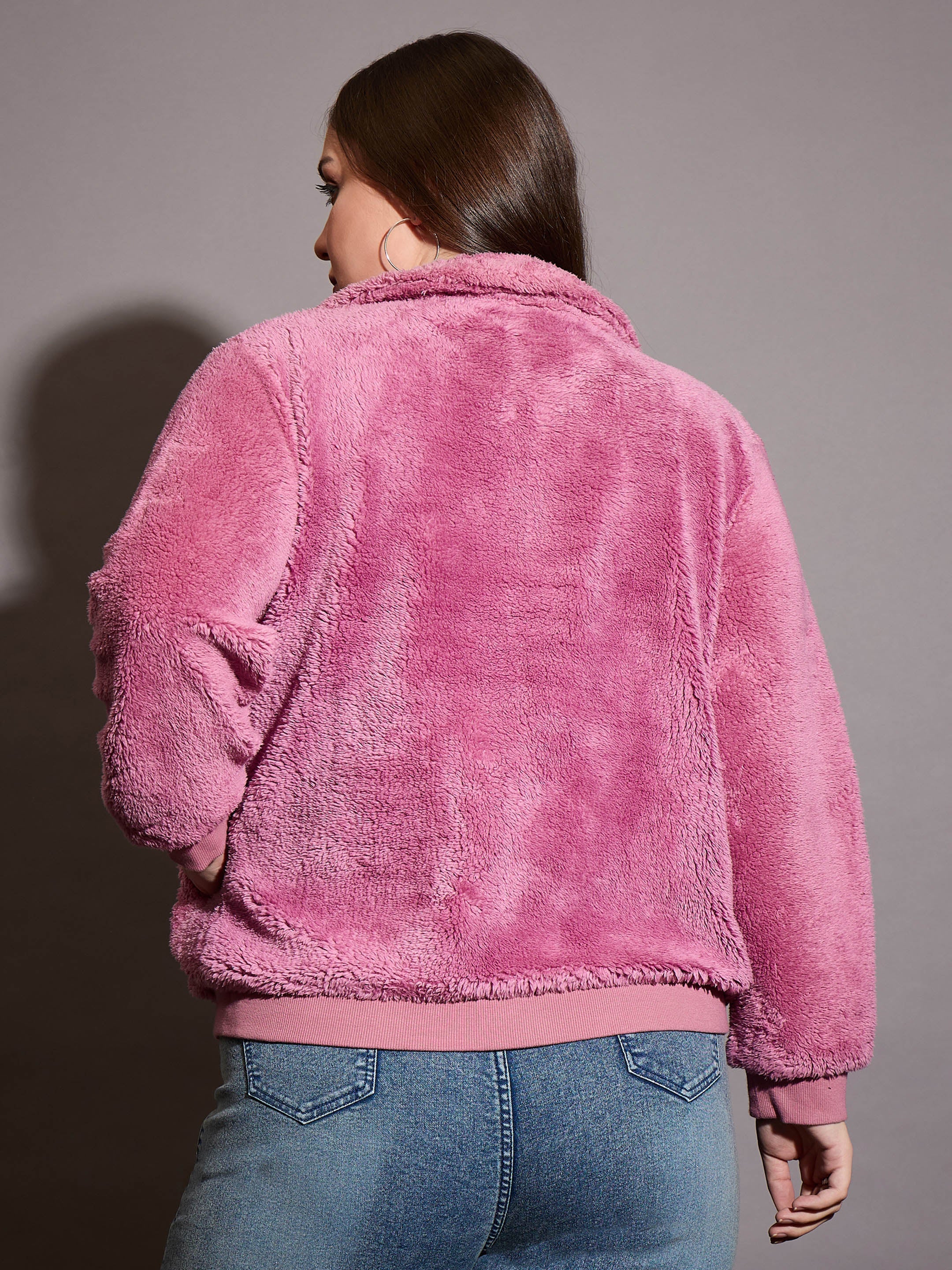 Women Pink Faux Fur Front Zipper Jacket-SFJCKT6997