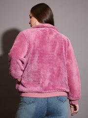 Women Pink Faux Fur Front Zipper Jacket-SFJCKT6997