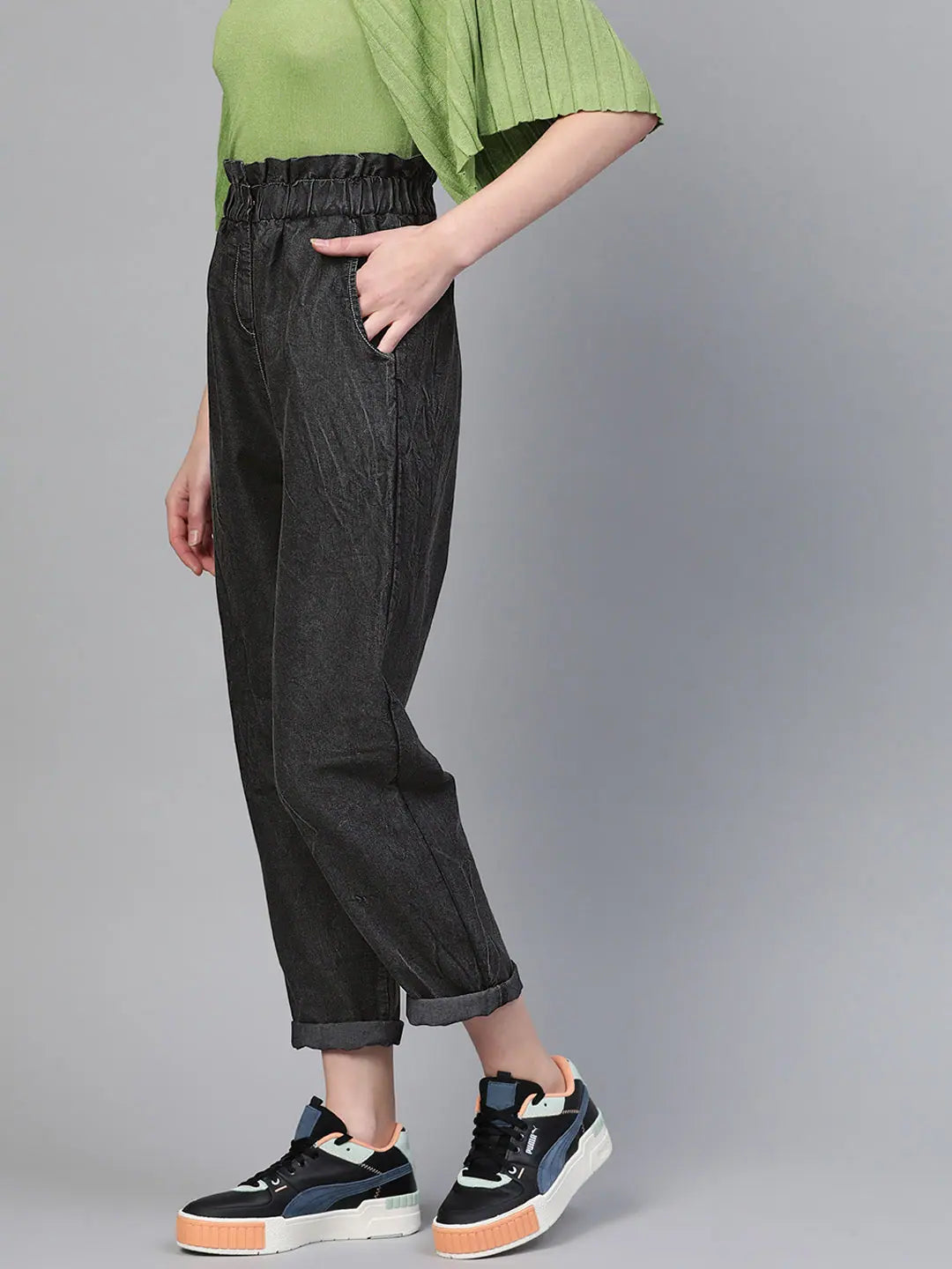 Black Paper Bag Waist Jeans - Women's Casual Style