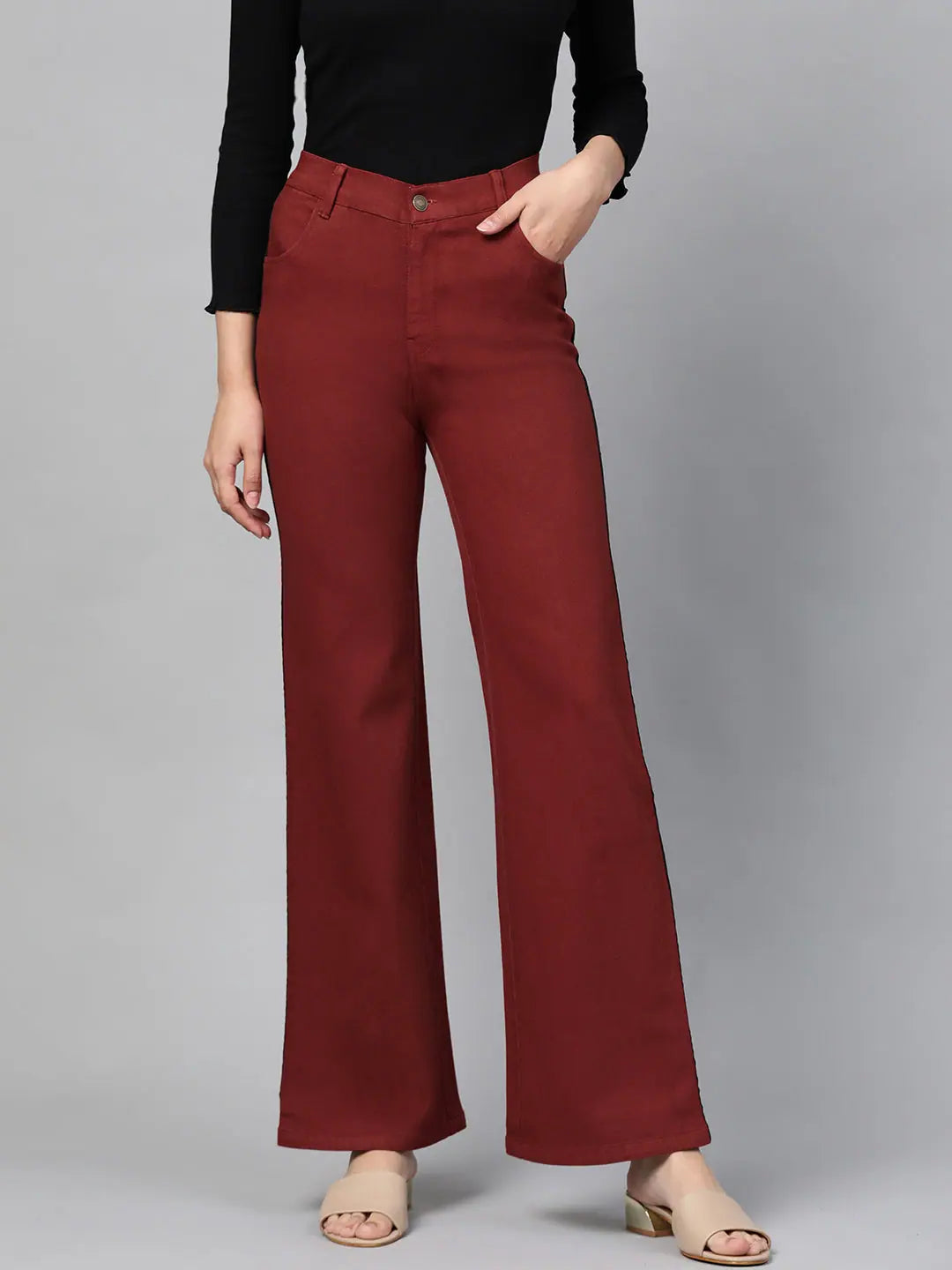 Rust Bell Bottom Jeans: Trendy Side Tape Detail Denim Pants