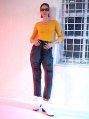 Navy Washed High Waist Distressed Knee Jeans-SFJEAN0067