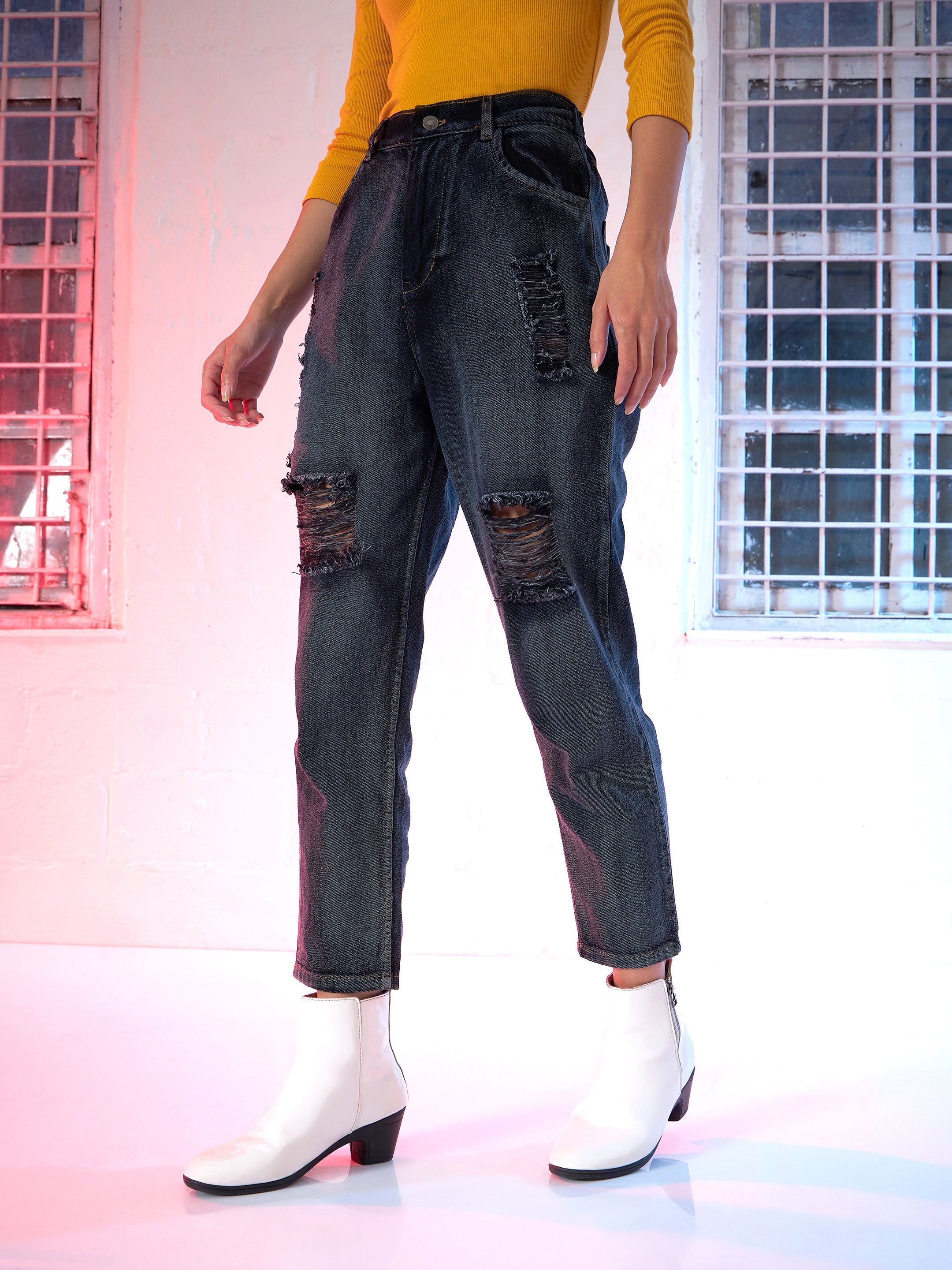 Navy Washed High Waist Distressed Knee Jeans-SFJEAN0067