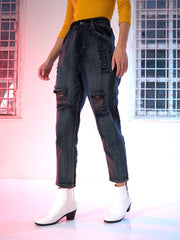 Navy Washed High Waist Distressed Knee Jeans-SFJEAN0067
