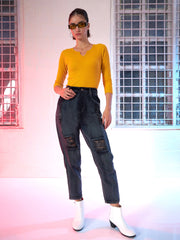 Navy Washed High Waist Distressed Knee Jeans-SFJEAN0067