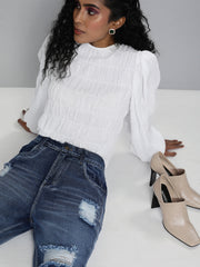 Women Blue High Waist Distressed Knee Jeans-SFJEAN0068
