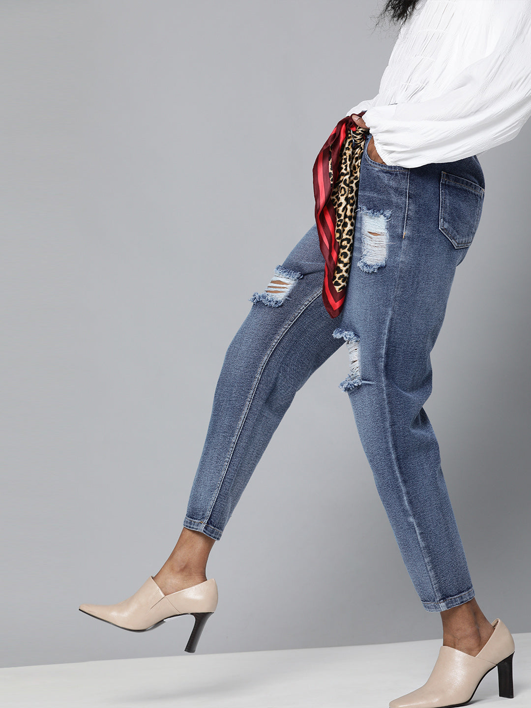 Women Blue High Waist Distressed Knee Jeans-SFJEAN0068