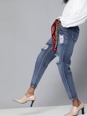 Women Blue High Waist Distressed Knee Jeans-SFJEAN0068