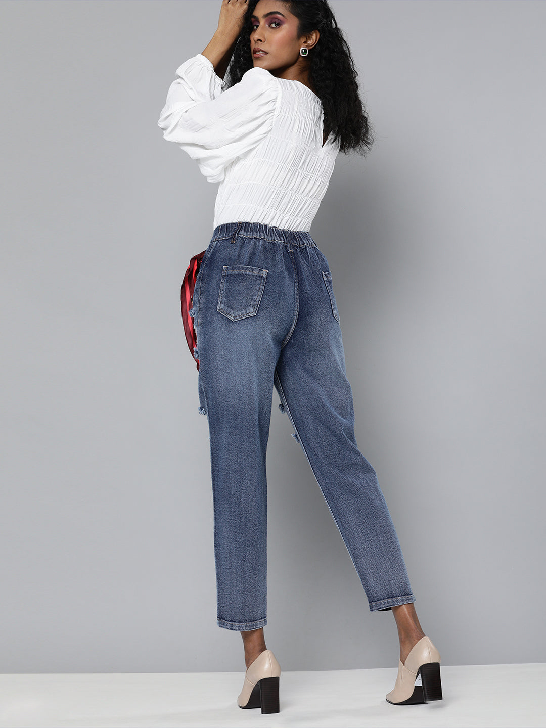 Women Blue High Waist Distressed Knee Jeans-SFJEAN0068