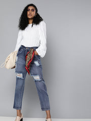 Women Blue High Waist Distressed Knee Jeans-SFJEAN0068
