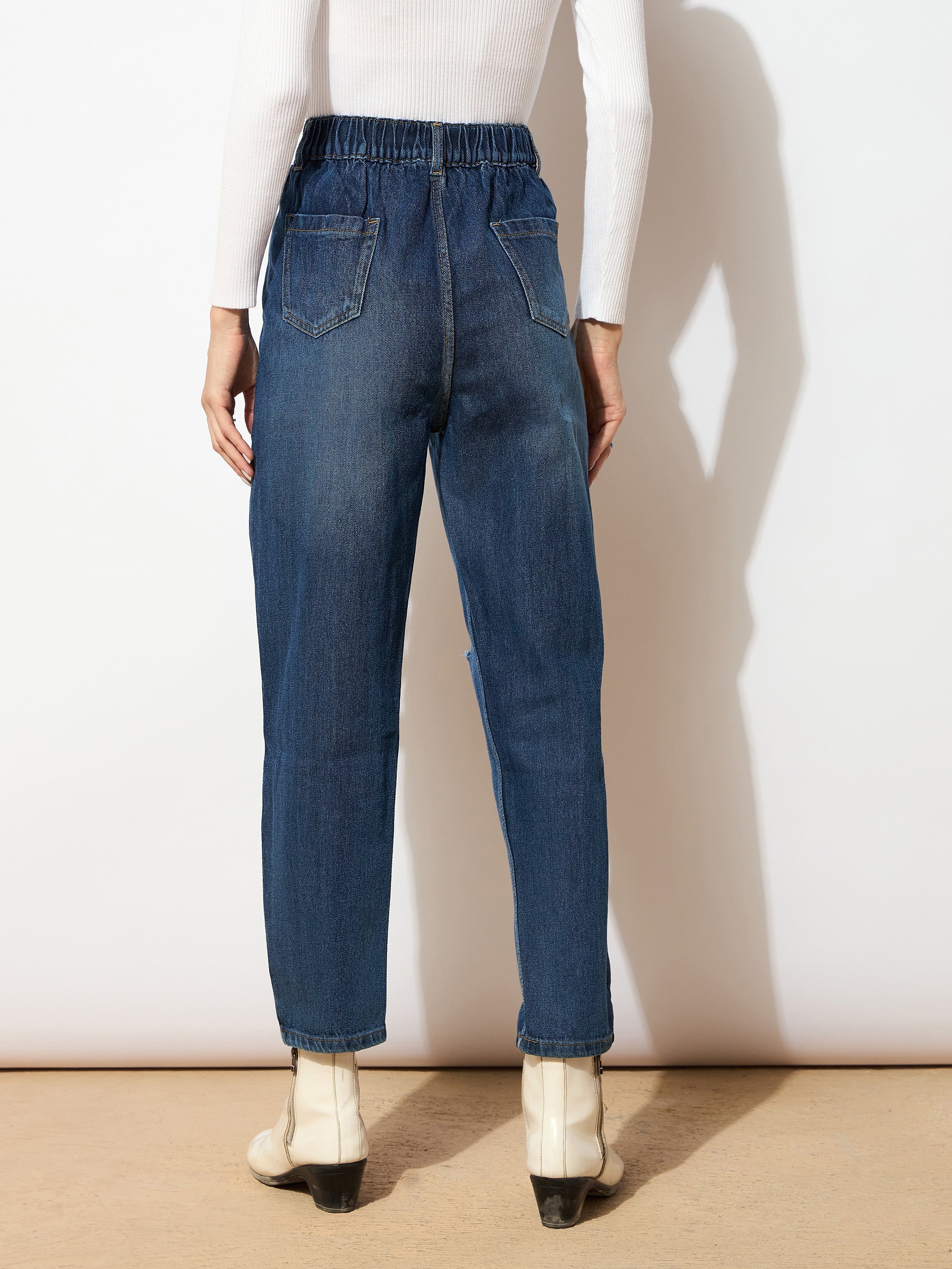 Women Blue High Waist Distressed Knee Jeans-SFJEAN0068