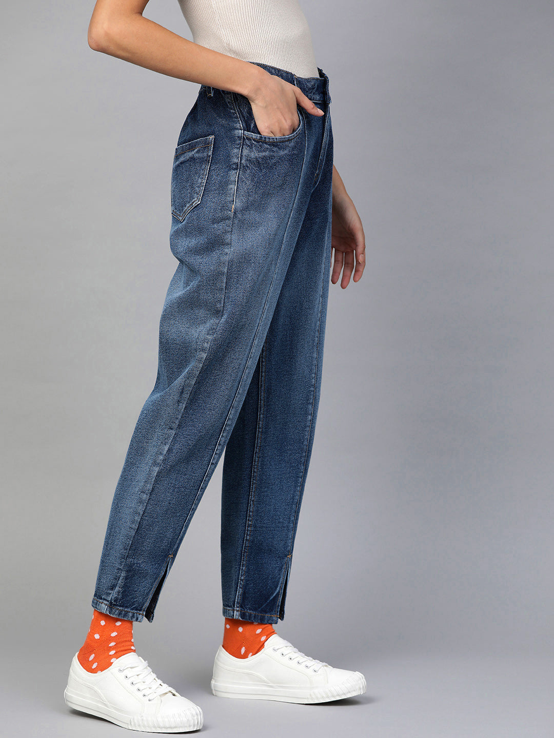 Blue High Waist Front Slit Jeans-SFJEAN0070
