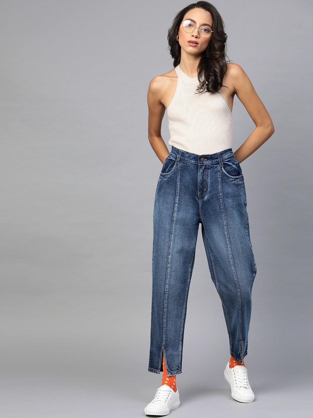 Blue High Waist Front Slit Jeans-SFJEAN0070