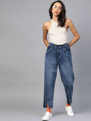 Blue High Waist Front Slit Jeans-SFJEAN0070