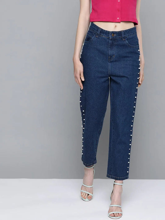 Navy Side Pearl Detail Slouchy Jeans 1080