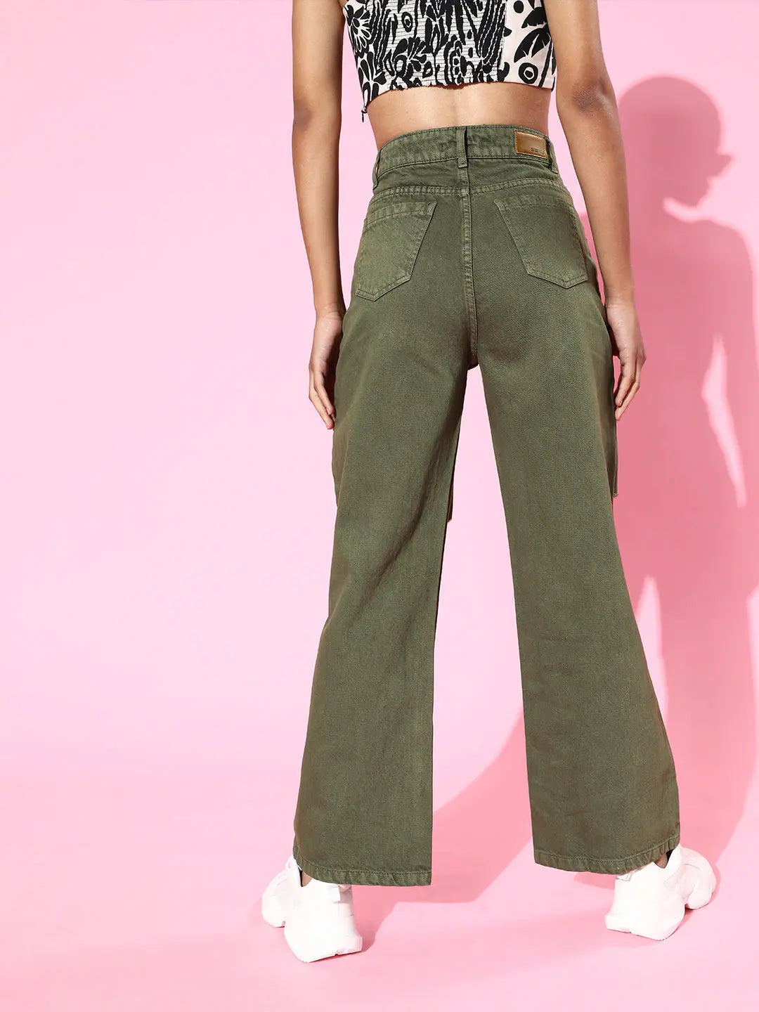 Olive Wide Leg Knee-Slit Jeans - Trendy Lehenga for Women