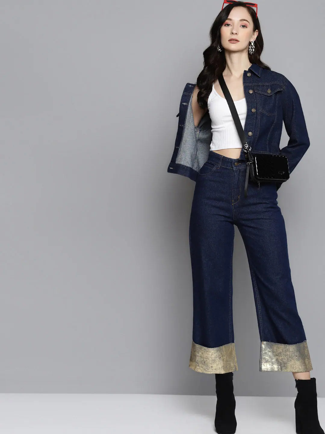 Blue Gold Foil Detail Straight Jeans - Women's Western Wear