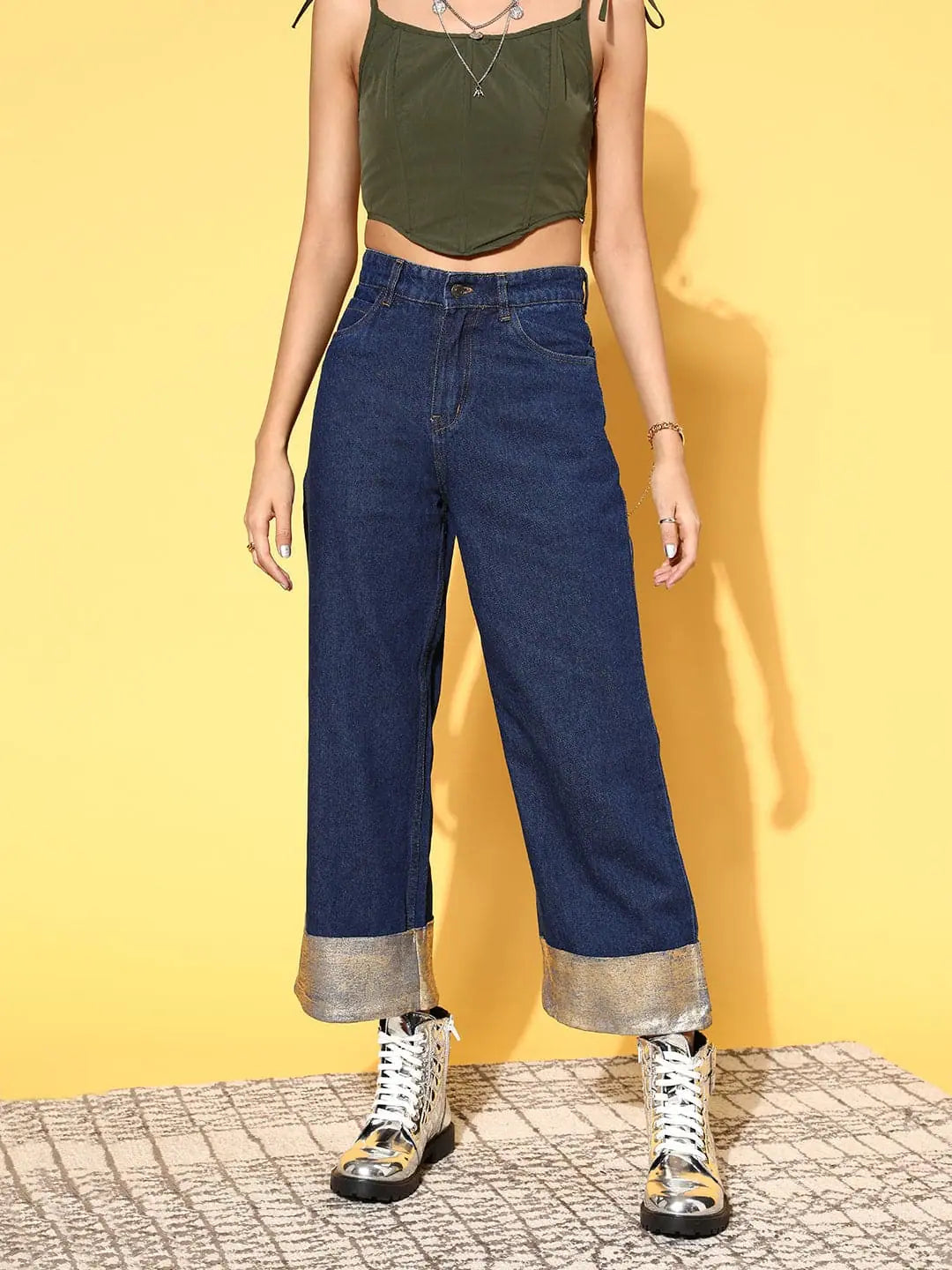 Women Blue Gold Foil Straight Jeans | Denim Comfort Fit
