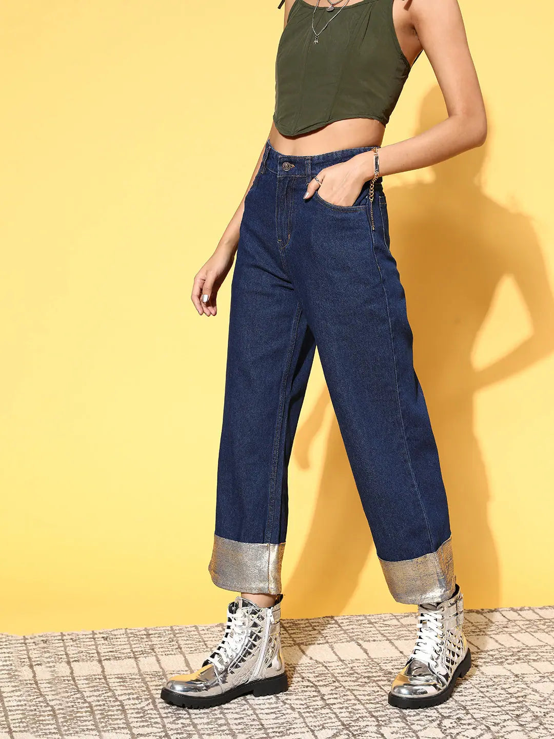 Women Blue Gold Foil Straight Jeans | Denim Comfort Fit