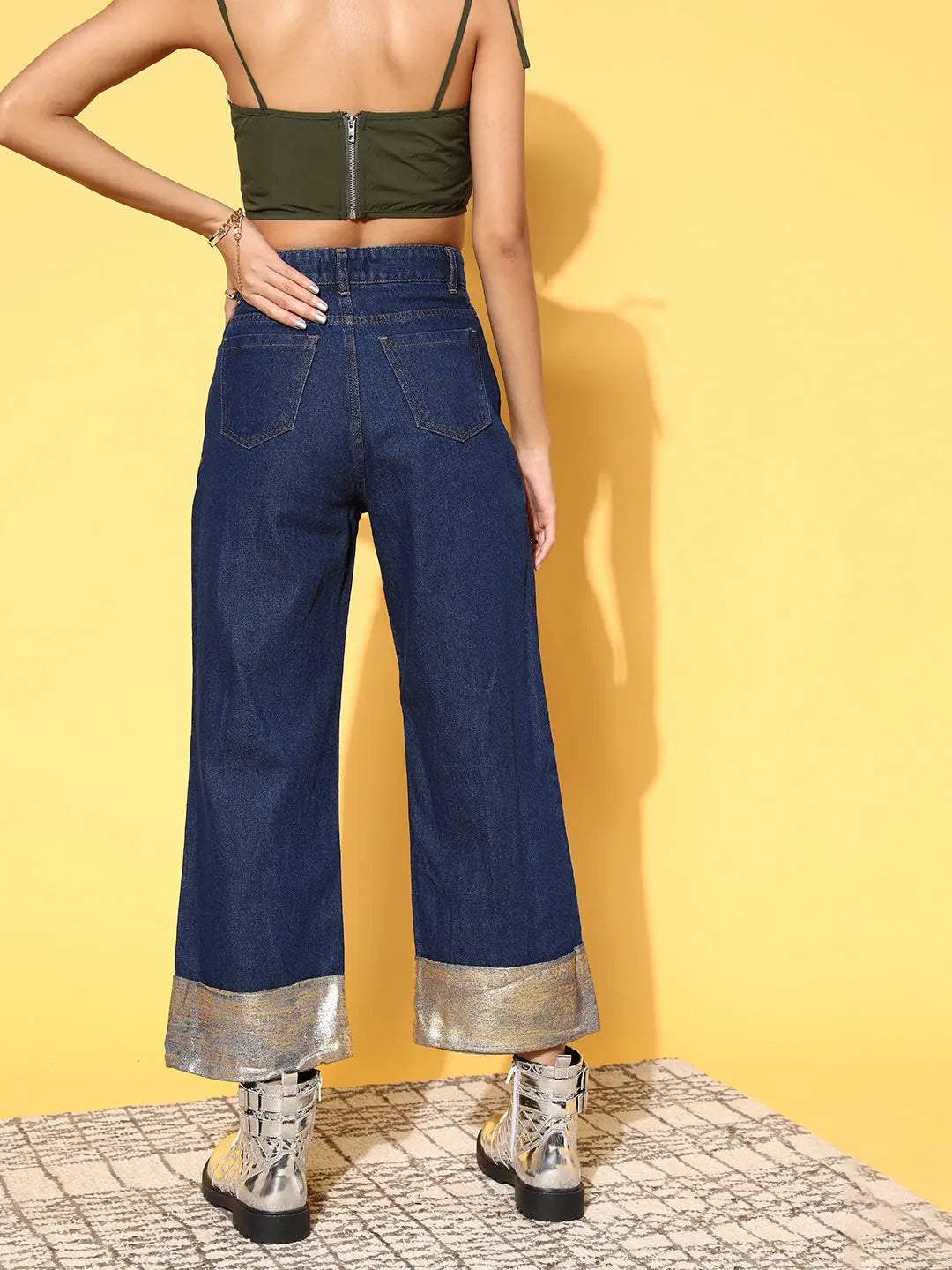 Women Blue Gold Foil Straight Jeans | Denim Comfort Fit