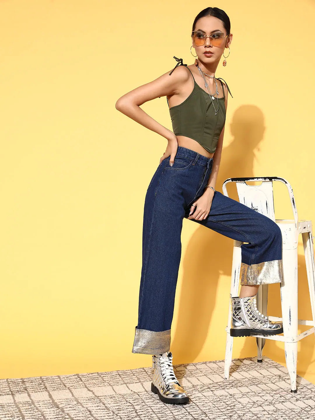 Women Blue Gold Foil Straight Jeans | Denim Comfort Fit