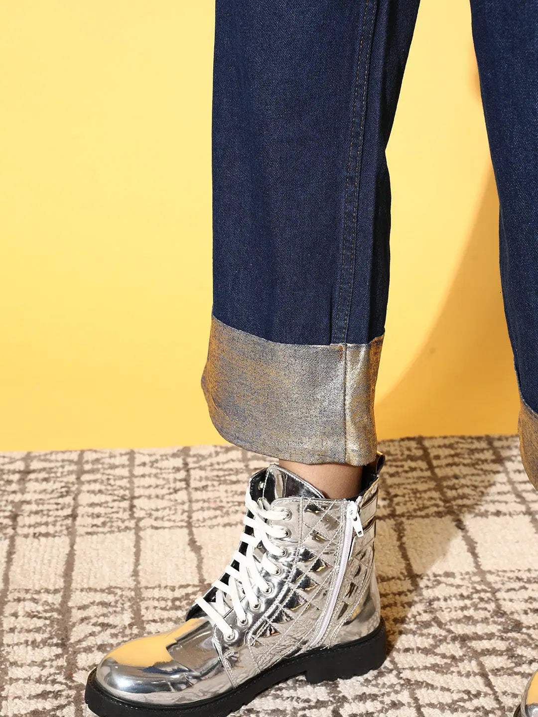 Women Blue Gold Foil Straight Jeans | Denim Comfort Fit