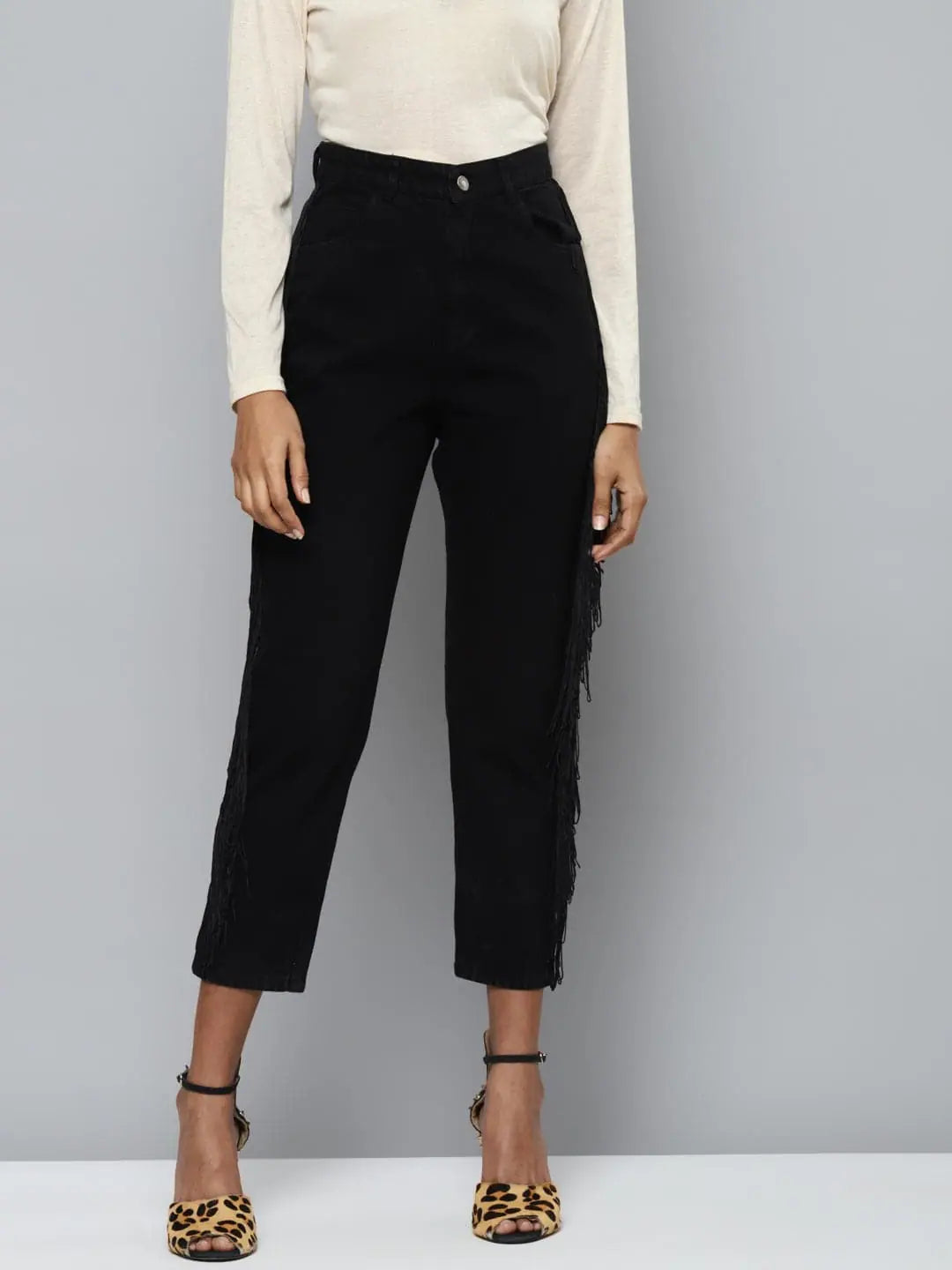 Black Denim Mom Jeans - Side Fringe Detail Western Wear