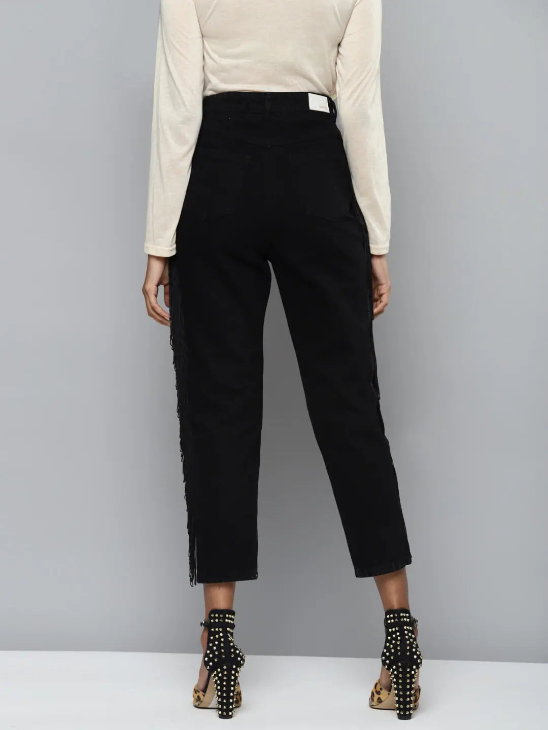 Black Denim Mom Jeans - Side Fringe Detail Western Wear