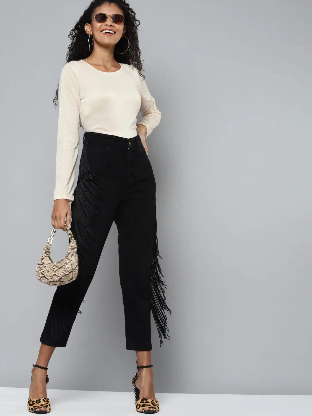 Black Denim Mom Jeans - Side Fringe Detail Western Wear