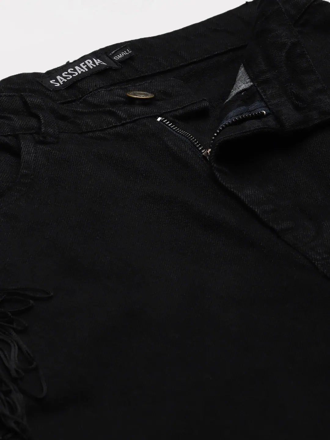Black Denim Mom Jeans - Side Fringe Detail Western Wear