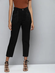 Black Denim Pocket Fringe Lace Mom Jeans