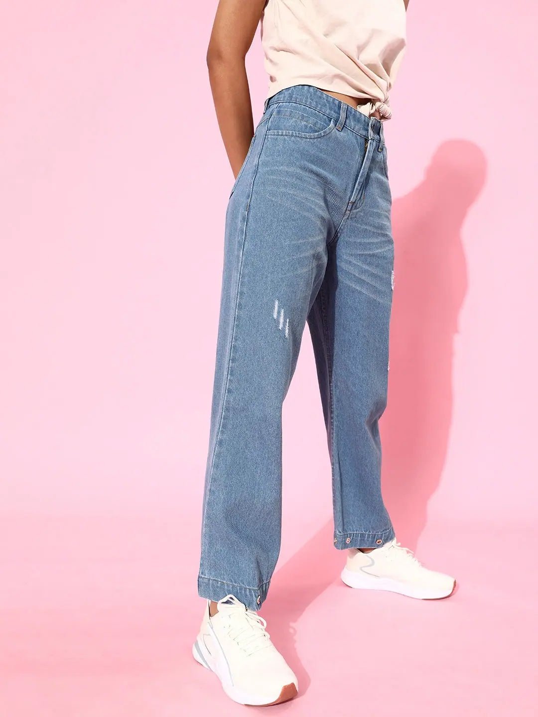 Blue Button-Hem Slouchy Jeans | Lehenga for Women