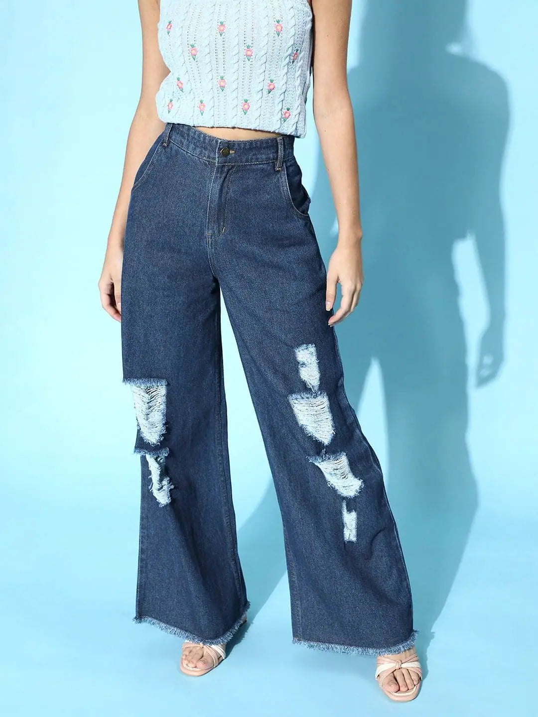 Blue Ripped Straight Jeans - Distressed Denim - Western Wear