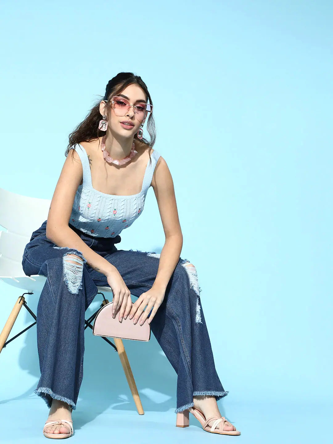 Blue Ripped Straight Jeans - Distressed Denim - Western Wear