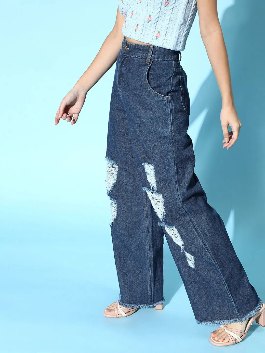 Blue Ripped Straight Jeans - Distressed Denim - Western Wear