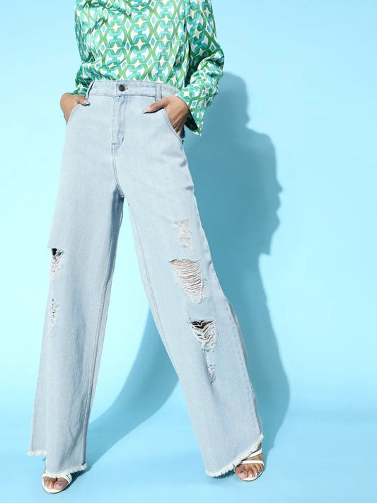 Ice Blue Ripped Distress Straight Jeans 1080