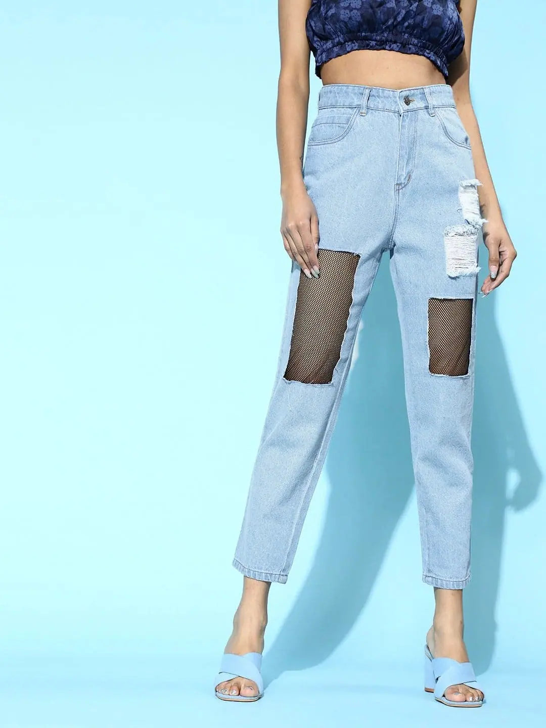 Blue Mesh Net Cut Out Jeans - Women's Western Wear Outfits
