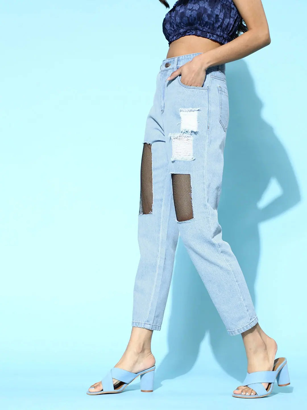 Blue Mesh Net Cut Out Jeans - Women's Western Wear Outfits