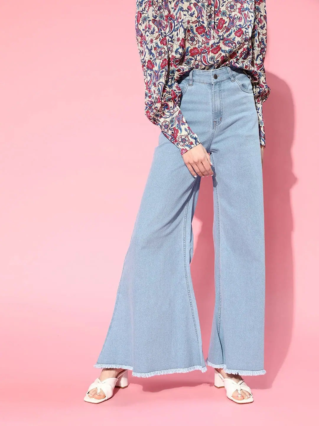 Ice Blue Wide Leg Flared Jeans | Denim for Women