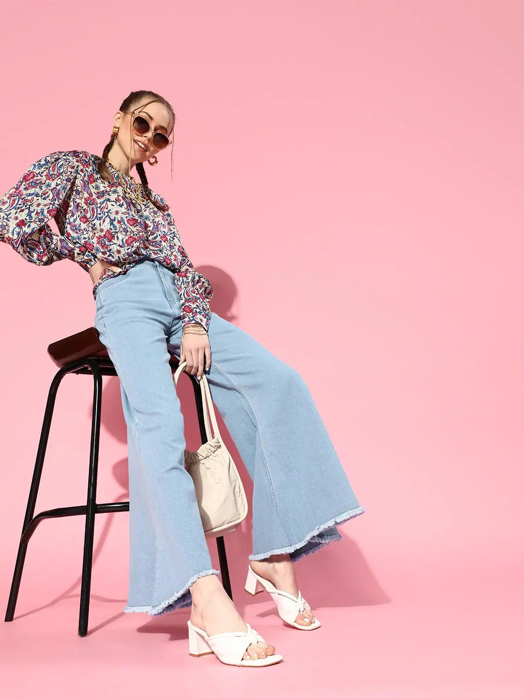 Ice Blue Wide Leg Flared Jeans | Denim for Women