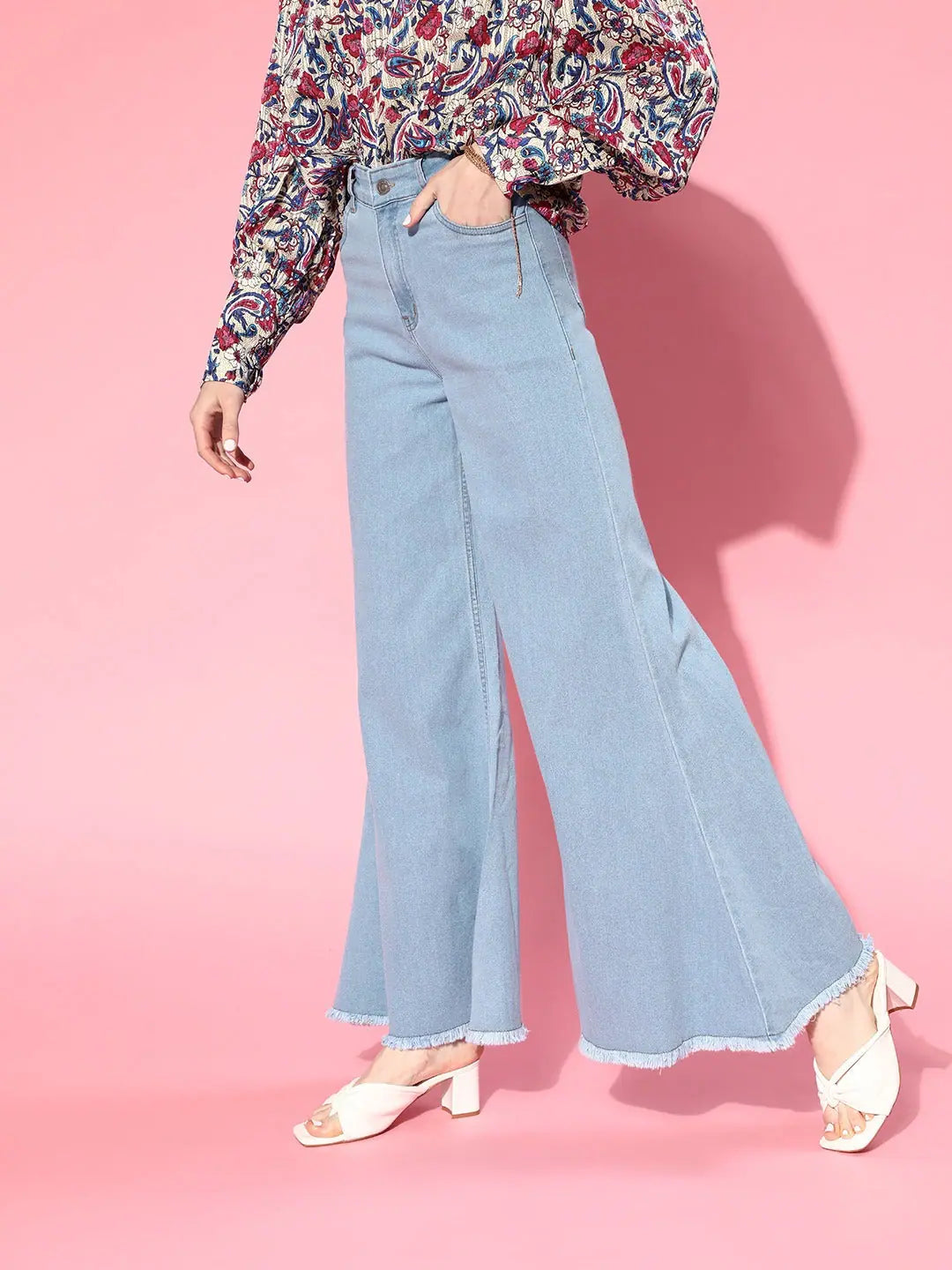 Ice Blue Wide Leg Flared Jeans | Denim for Women