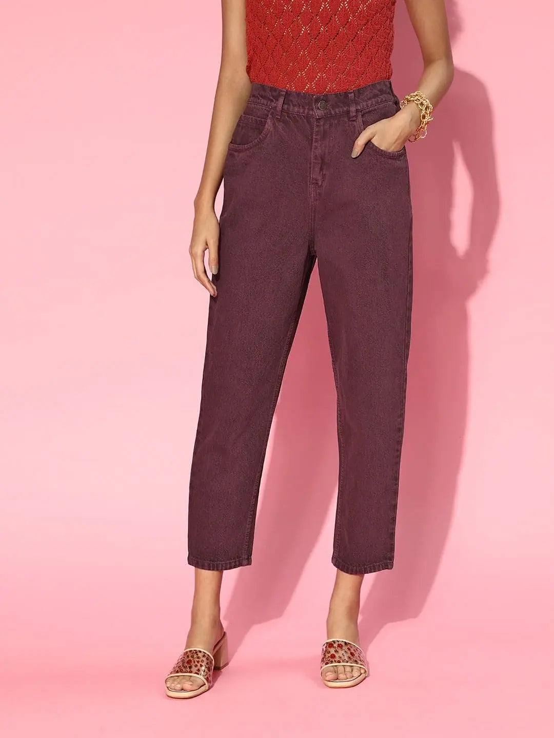 Burgundy High Waist Mom Fit Jeans | Lehenga Choli Inspired