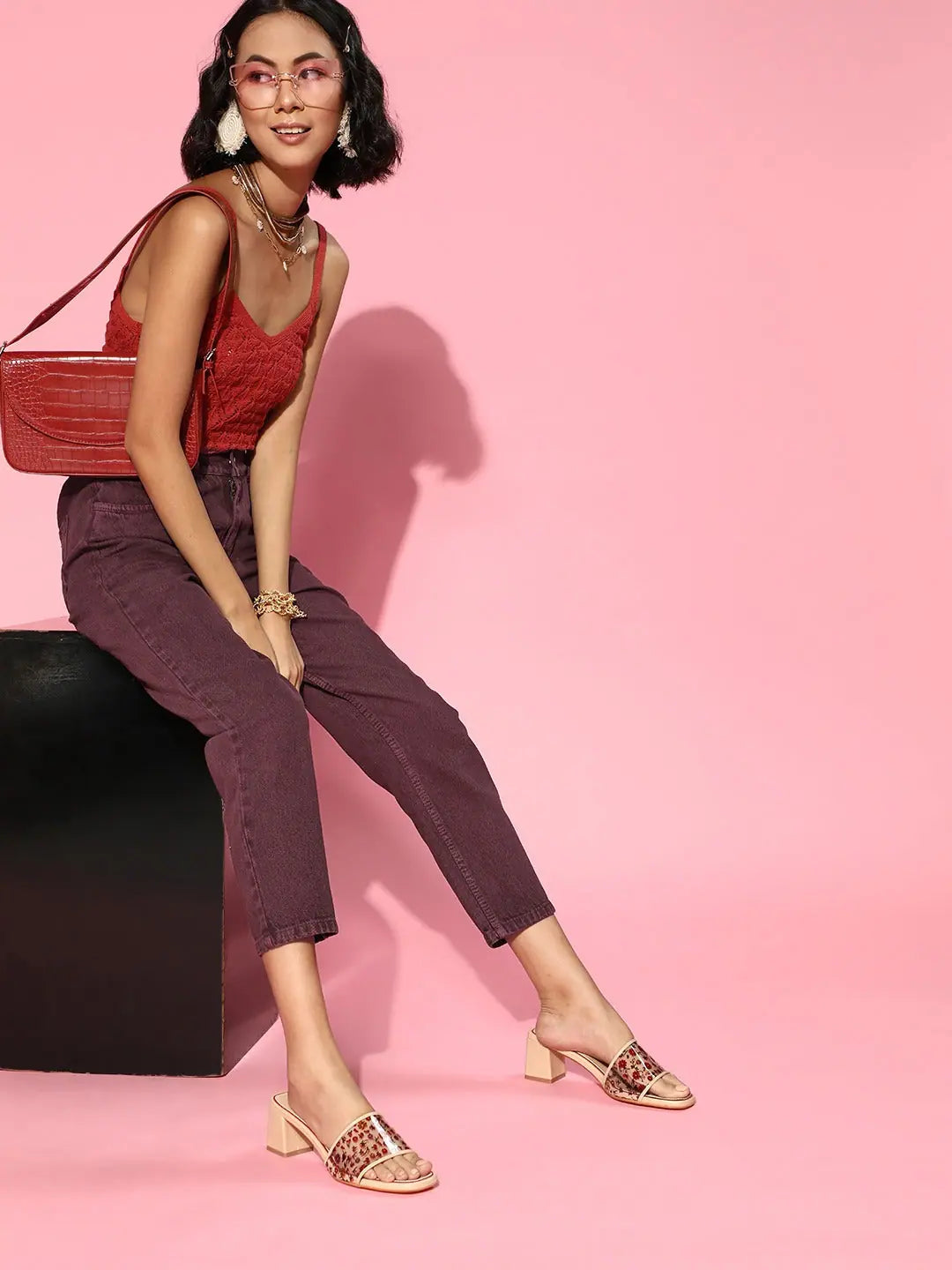 Burgundy High Waist Mom Fit Jeans | Lehenga Choli Inspired