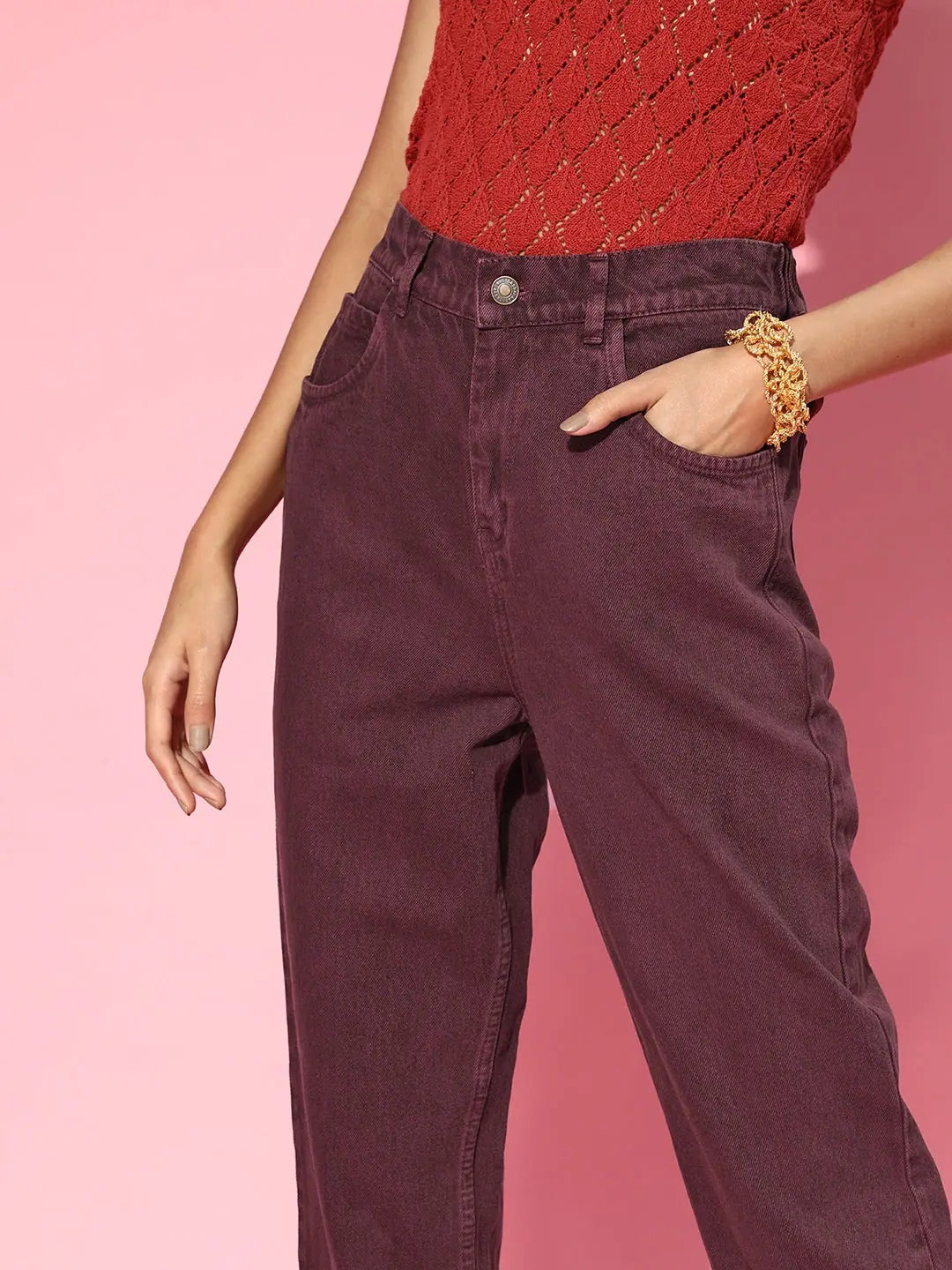 Burgundy High Waist Mom Fit Jeans | Lehenga Choli Inspired