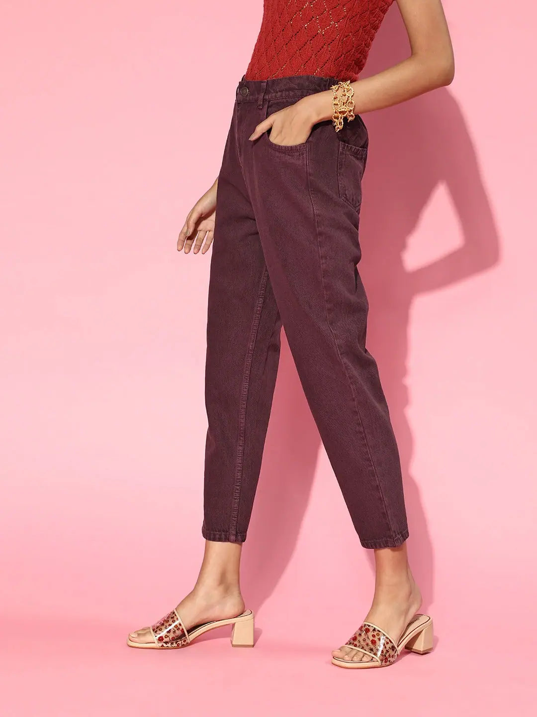 Burgundy High Waist Mom Fit Jeans | Lehenga Choli Inspired